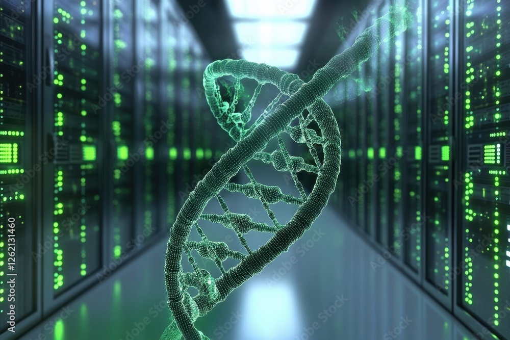 Aufkleber data processing of dna strands in a modern server room with green lighting, dna strands and data pro