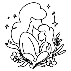 Line art illustration of a mother hugging her child, symbolizing love, affection, and the bond between mother and child. Perfect for Mother's Day cards, social media posts, and designs celebrating mot