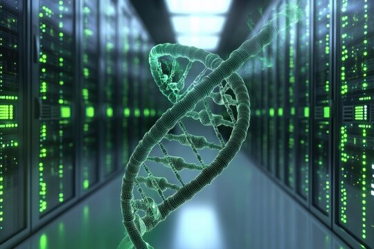 Data processing of dna strands in a modern server room with green lighting, dna strands and data processing over server room - Powered by Adobe
