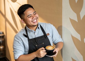 Serving delightful coffee portrait of a filipino barista in a cozy  atmosphere capturing the heart of coffee culture inviting ambiance personal connection