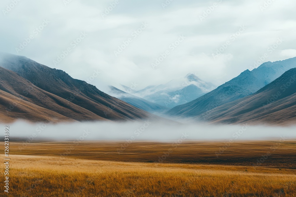 Poster Heavy fog blankets the valley, creating a serene atmosphere over the rugged mountains at dawn, Lockdown shot of heavy fog filling the sky over the rolling mountains