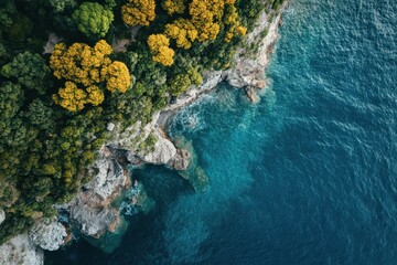 Coastal landscape near Sorrento in Italy showcases cliffs and calm turquoise waters, Sea coast near the city of Sorrento in Italy from a drone