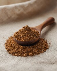 Chaga mushroom powder in a wooden spoon on a textured fabric surface. Herbal supplement and natural remedy concept