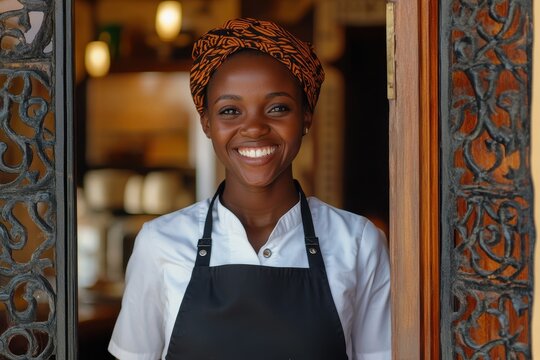 Laughing waitress in apron greets customers at a vibrant cafe in Africa during a sunny day, Laughing african waitress in apron looking at camera and welcoming guests at door of cafe