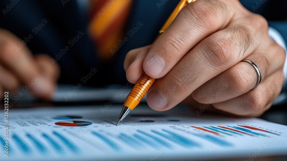 Wall mural close up view of professional hands analyzing financial data charts and documents on a desk concept 