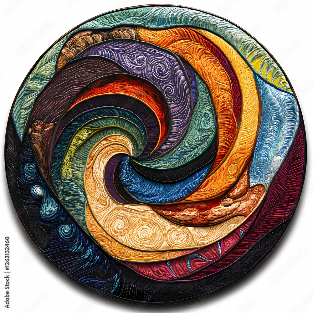 Poster colorful abstract swirl design in circular arrangement with texture. generative ai