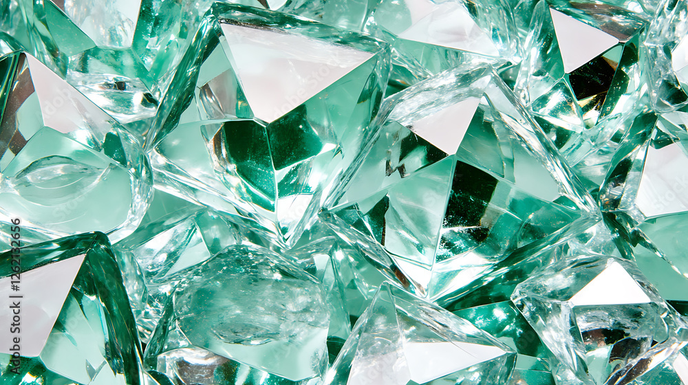 Poster gleaming pile of emerald green glass gems with sparkling light and shadow abstract design