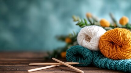 Charming knitting scene featuring soft colorful wool yarn skeins and knitting needles arranged on a rustic wooden background  The cozy natural composition evokes a sense of warmth creativity