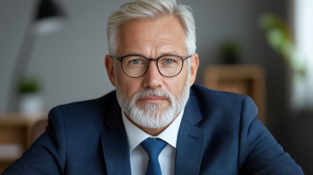 Confident middle aged corporate executive with gray beard and glasses sitting at a desk in the office portraying a sense of leadership expertise and business acumen
