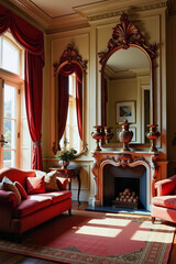 Elegant Rococo drawing room bathed in golden sunlight, opulent decor
