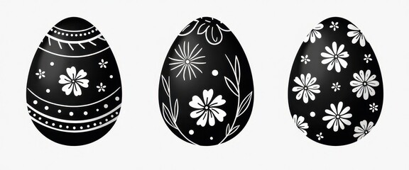 Set of 3 Black and White Easter Eggs with Floral Patterns