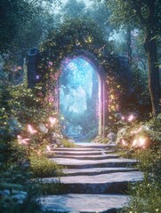 Fantasy scene of a magical forest with misty archway and colorful sparkles.