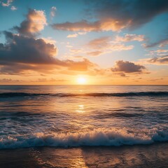 Obraz premium Tranquil golden sunset over rolling ocean waves with soft pastel clouds