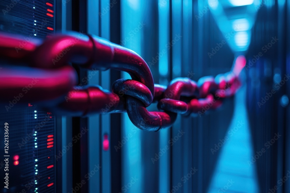 Poster data processing chain linking servers in a modern server room with vibrant lighting, data processing