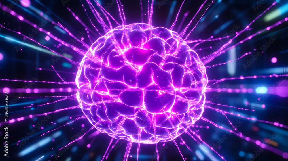 Poster glowing brain with digital neural connections network technology futuristic design