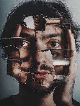 Fragmentiertes Gesicht, konzeptionelles Portrait eines Mannes mit zersplittertem Gesicht, kreative Fotomanipulation zum Thema gebrochene Identit&auml;t und psychische Gesundheit