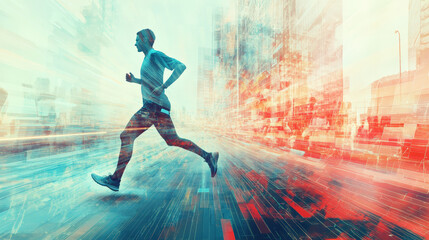 determined runner in motion, captured mid stride against vibrant city backdrop, showcasing speed and energy