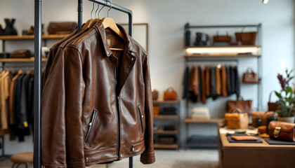 Obraz premium A luxurious leather jacket displayed in a boutique, highlighting premium materials and minimalist store design.