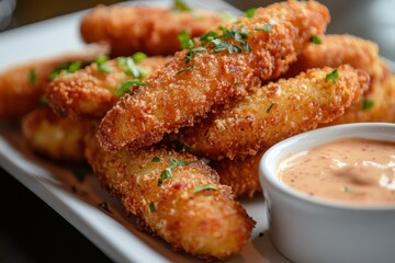 Crispy golden chicken tenders with a side of spicy dipping sauce.