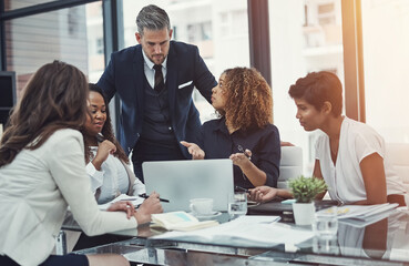 Fototapeta premium Laptop, meeting and business people with director advice for idea, strategy and project management. Collaboration, communication and b2b deal results with colleagues for agency, growth and report