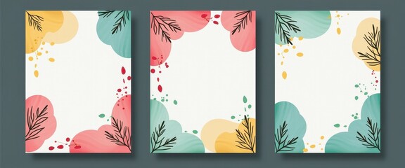Abstract Watercolor Banners with NatureInspired Splashes: Vibrant Easter Art for Decor. A set of three vertical banners with abstract shapes and leaves.