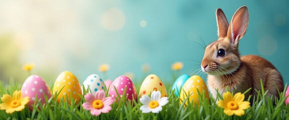 Fototapeta premium Vibrant Easter Scene: Rabbit Among Colorful Eggs and Flowers Against Blurred Background. A rabbit sits in the grass surrounded by painted eggs.