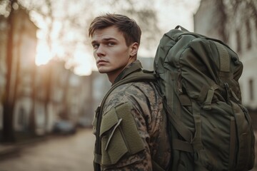 Fototapeta premium Military man in uniform with backpack walking through urban area at sunset, A serious military man wearing a uniform is taking his backpack and go away from home