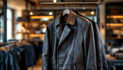 Fototapeta premium A luxurious leather jacket displayed in a boutique, highlighting premium materials and minimalist store design.