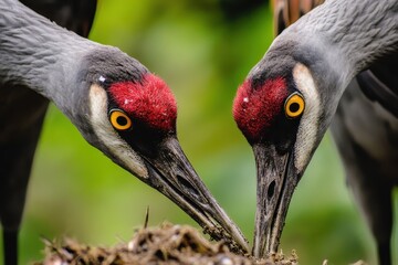 Fototapeta premium Close-up of three common cranes feeding in their natural habitat during a bright day in spring, Three common crane Grus grus Close up Birds are feeding in the field Slow motion