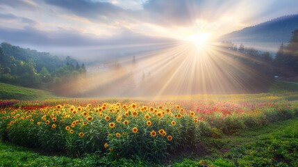 Breathtaking sunrise over sunflower fields rural landscape photography natural environment wide-angle view tranquility