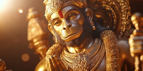 Fototapeta premium The image showcases a golden statue of Lord Ganesha, a revered deity in Hinduism, known for wisdom and success. The ornate depiction is intricately designed and adorned with gold accents.