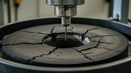 Close up of asphalt core sample with cracks, undergoing testing in lab. precision of machinery highlights importance of material analysis