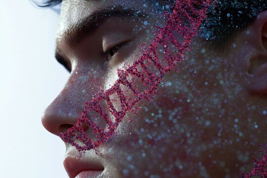 Exploration of human identity with digital DNA overlay in a futuristic setting, dna strands over digital human