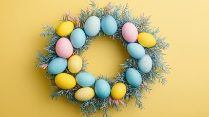 A festive Easter wreath made with colorful eggs and greenery, perfect for decorating your home.