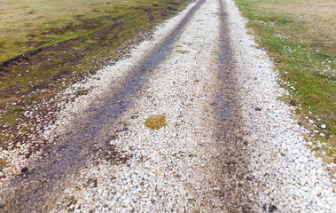 A dirt road with a small hole in the middle