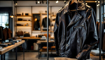 Fototapeta premium A luxurious leather jacket displayed in a boutique, highlighting premium materials and minimalist store design.
