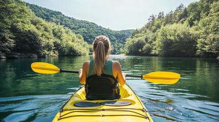 Woman Kayaking on a Calm River in Summer