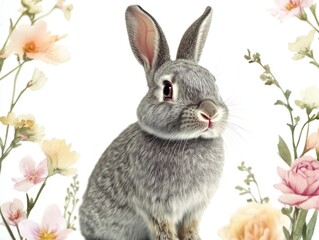 Obraz premium Adorable small bunny with big ears, sitting among pink flowers. Perfect for animal lovers and spring decorations.