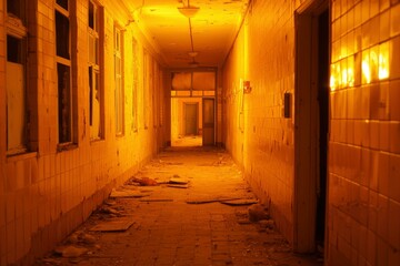 Fototapeta premium Abandoned Building Hallway Showing Decay and Neglect