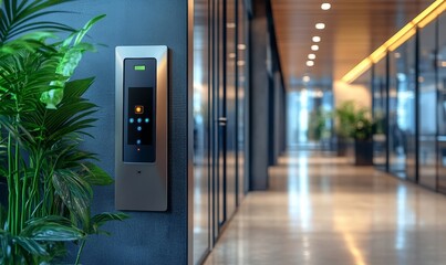 Modern office entrance with a biometric security access control system on the wall, ensuring restricted and safe entry, Generative AI