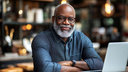 Confident mature entrepreneur man smiling while working remotely on laptop in modern cafe