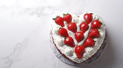 A romantic heart-shaped cake elegantly decorated with luscious strawberries and piped icing, perfectly staged on a marble countertop, highlighting its celebratory essence,