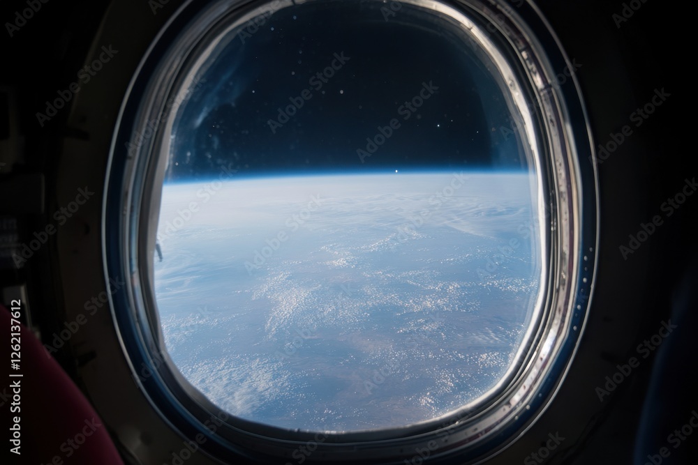Poster view of earth from a spacecraft drifting into outer space, drifting out into outer space as viewed t
