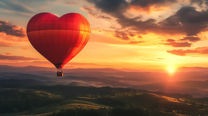 Fototapeta premium A heartshaped hot air balloon carrying a couple over a sunset landscape