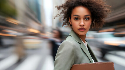 Professional woman navigating a bustling urban environment with determination