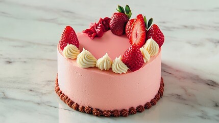 A romantic heart-shaped cake elegantly decorated with luscious strawberries and piped icing, perfectly staged on a marble countertop, highlighting its celebratory essence,