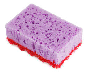 A purple and red sponge with a red handle