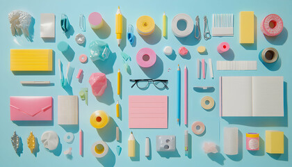 Flat lay of pastel stationery and office supplies on a light blue background. Perfect for back to school, organization, or creative projects.