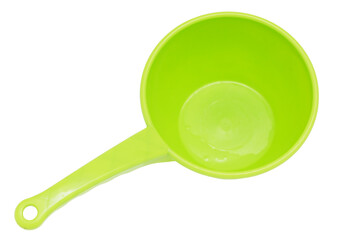 A green plastic bowl with a handle