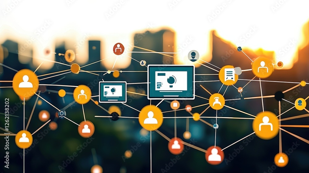 Poster colorful digital connection network with devices and icons in sunset background